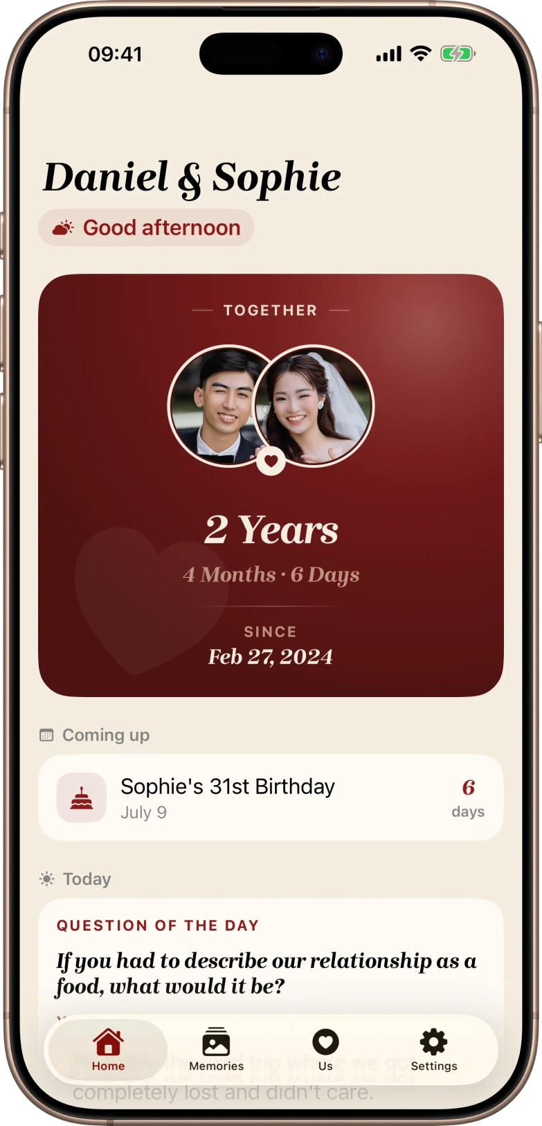 Home screen showing the couple's relationship overview