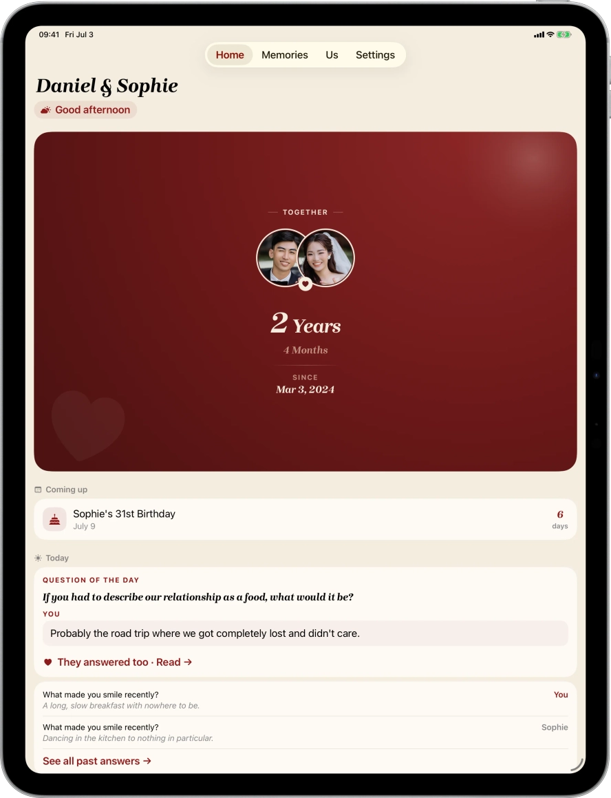 Home screen showing the couple's relationship overview