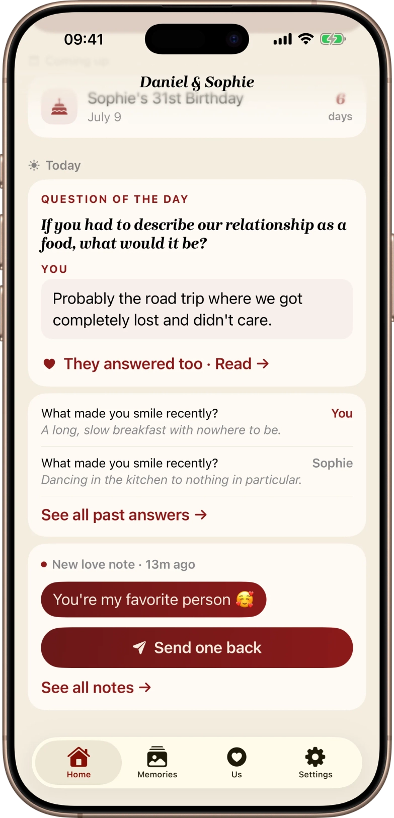 Home feed with the day's question and a love note