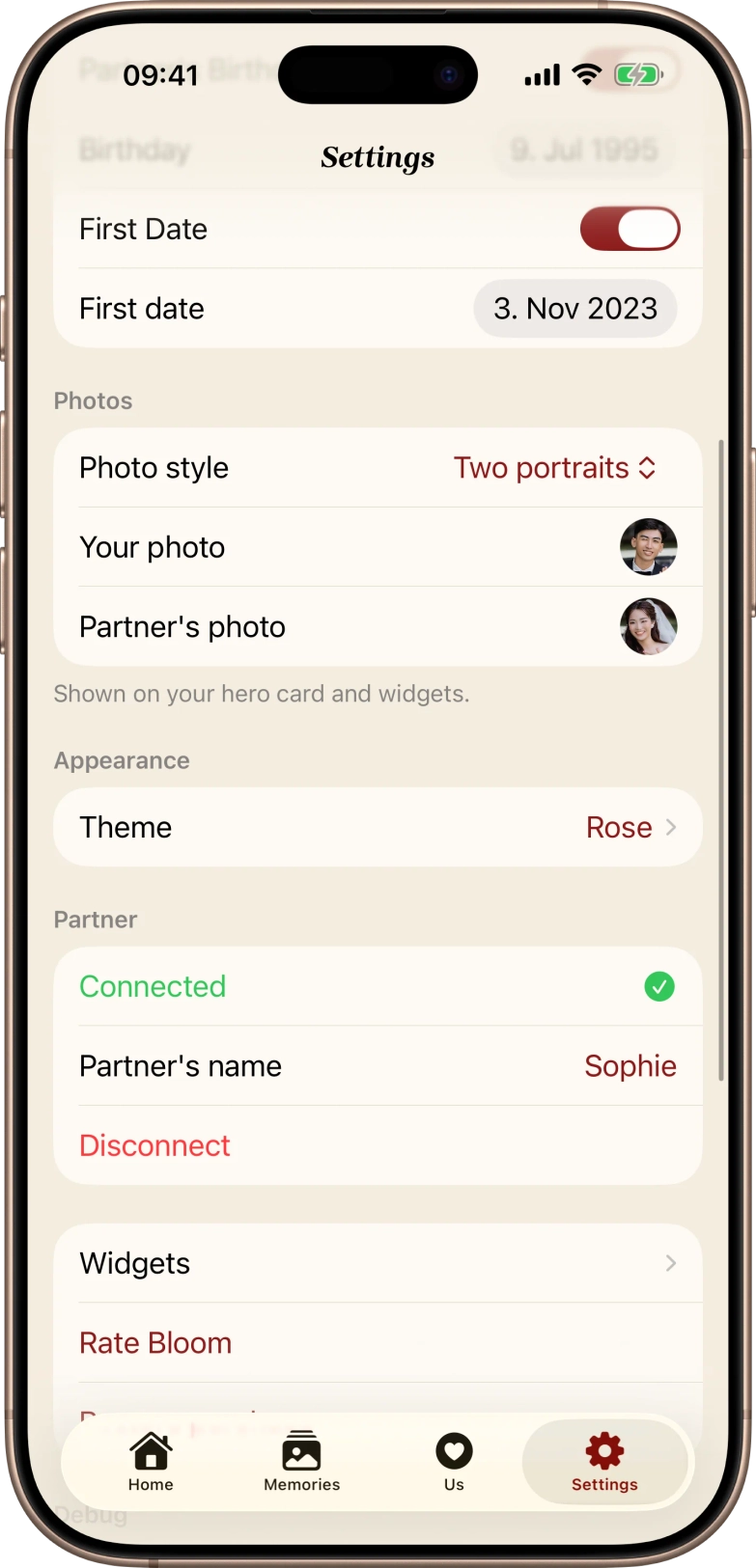 Settings, appearance and partner
