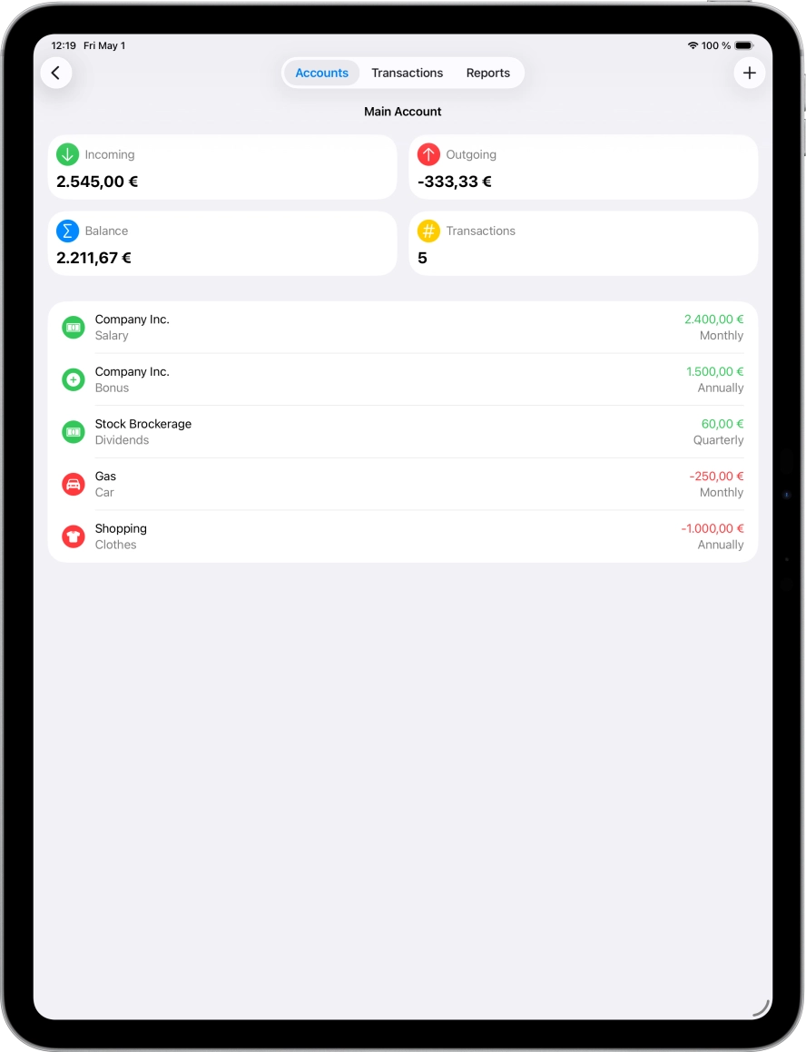 Screenshot of ipad app of account detail screen
