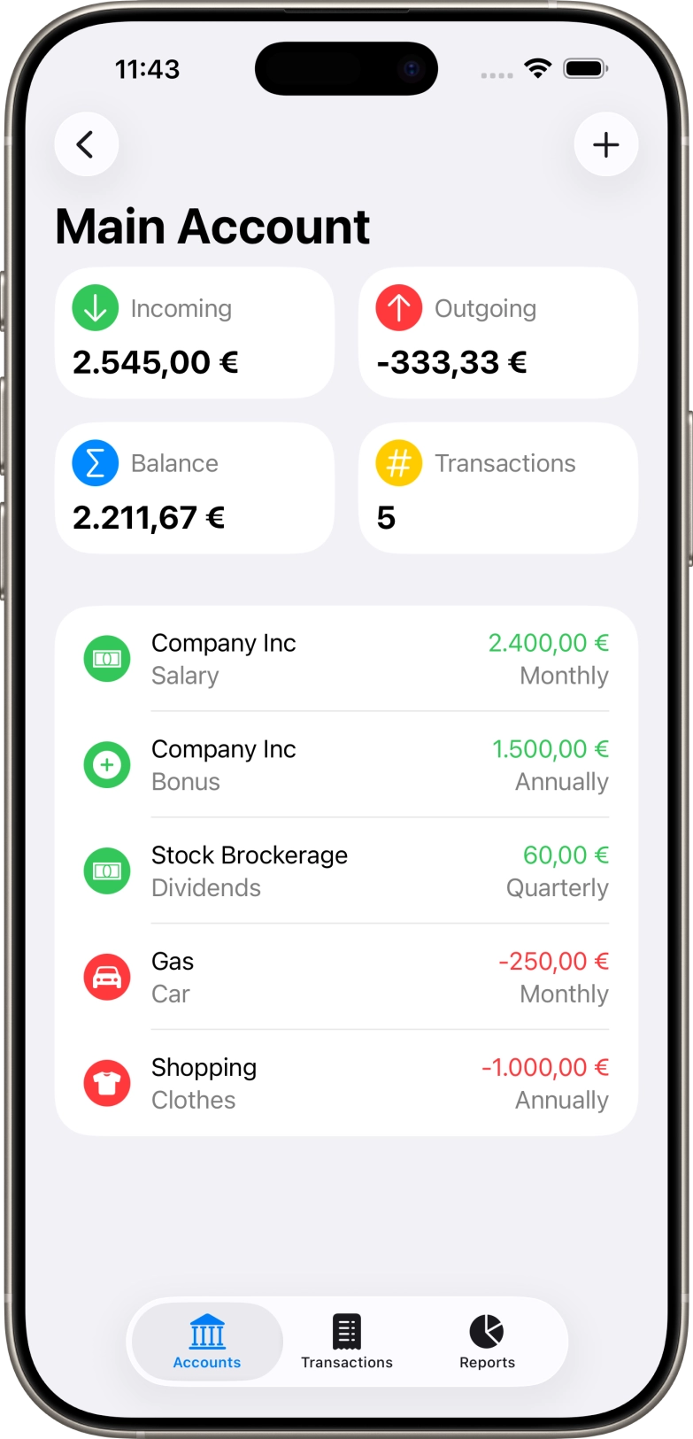 Screenshot of ipad app of account detail screen