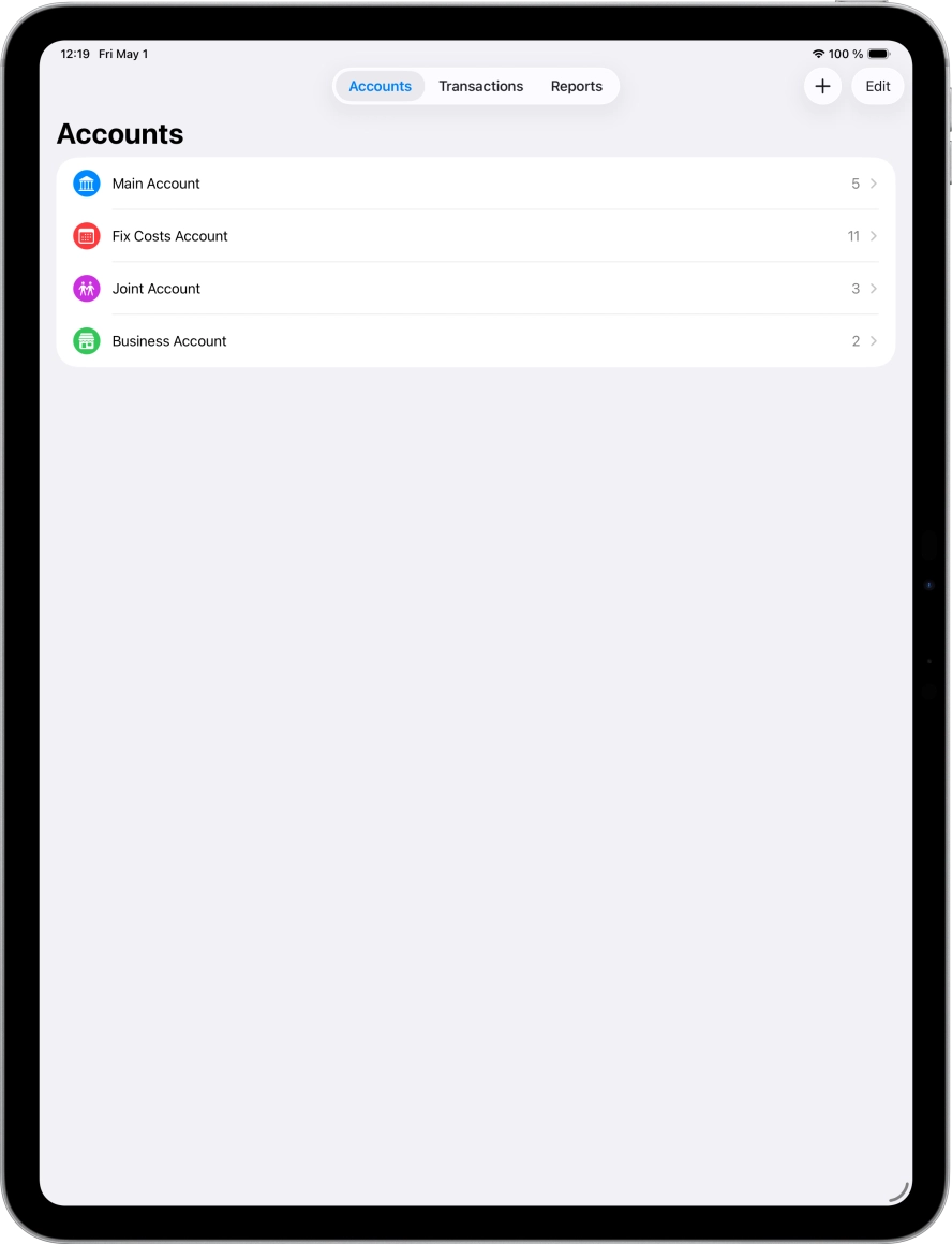 Screenshot of ipad app of accounts screen