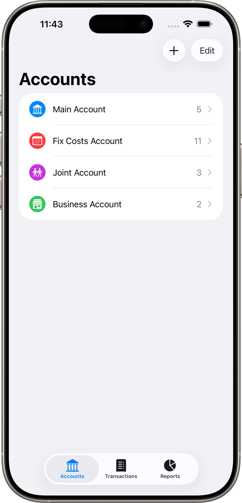 Screenshot of ipad app of accounts screen