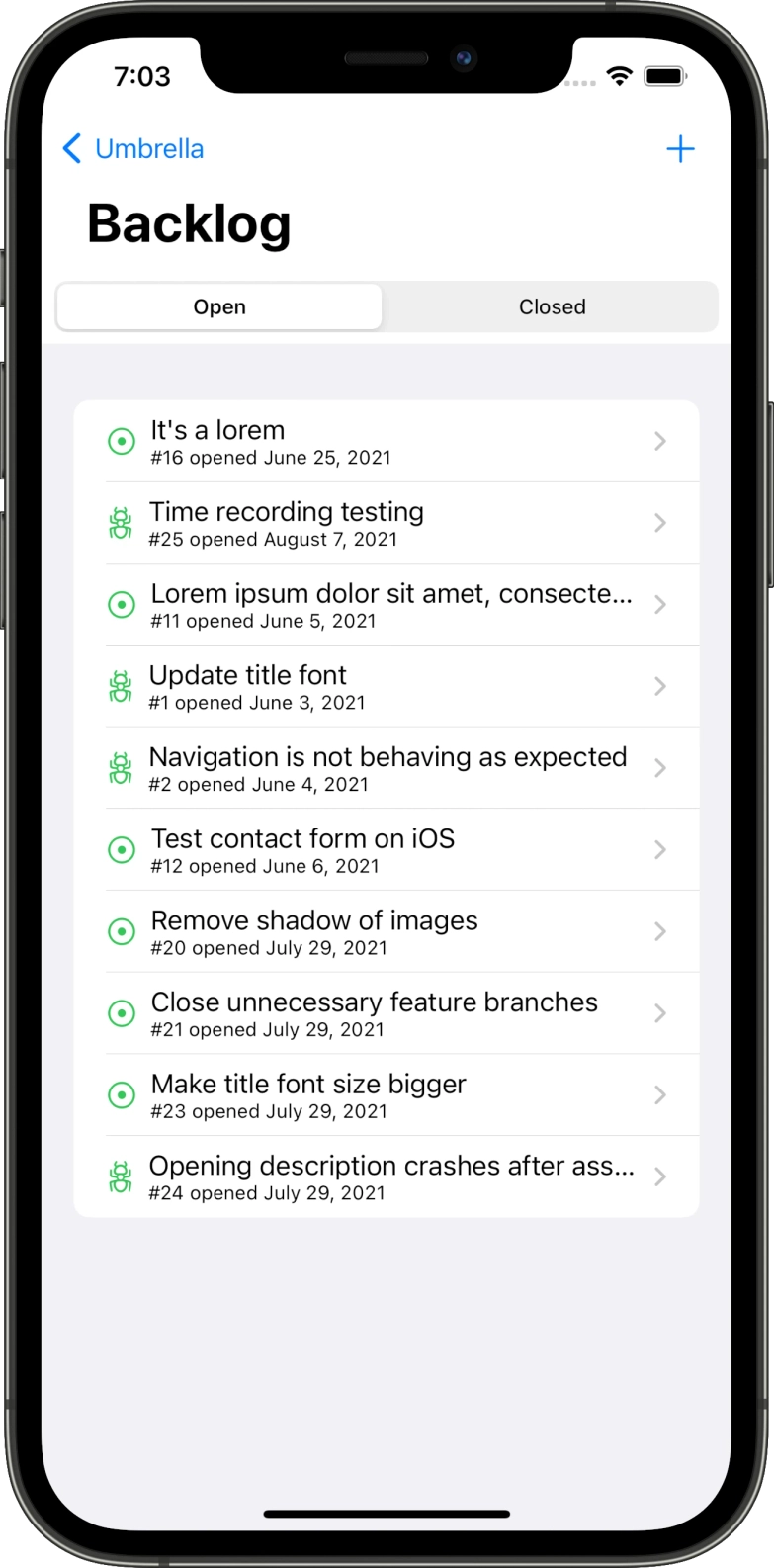 Screenshot of iphone app of the issue backlog screen