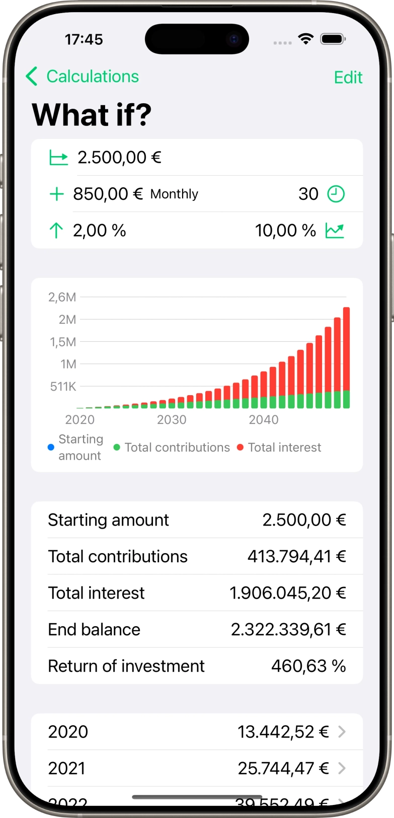 Screenshot of iphone app showing calculation details with a chart and list of each year