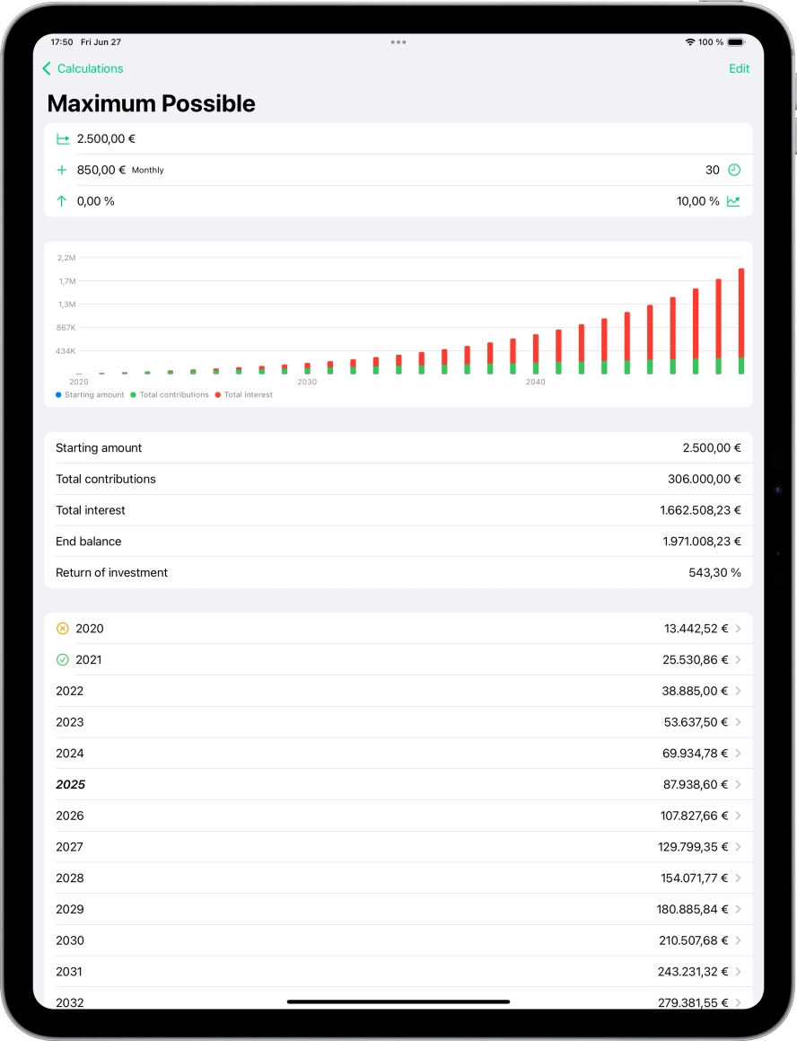 Screenshot of ipad app showing calculation details with a chart and list of each year