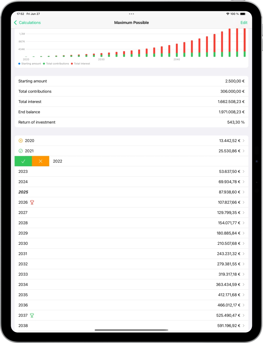Screenshot of ipad app showing the list of years and the possibility to assign a status to them