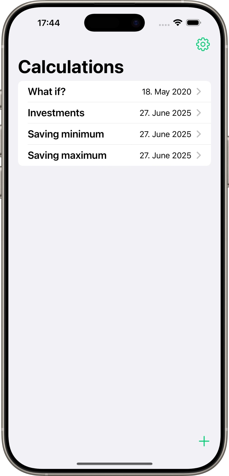 Screenshot of iphone app showing all saved calculations