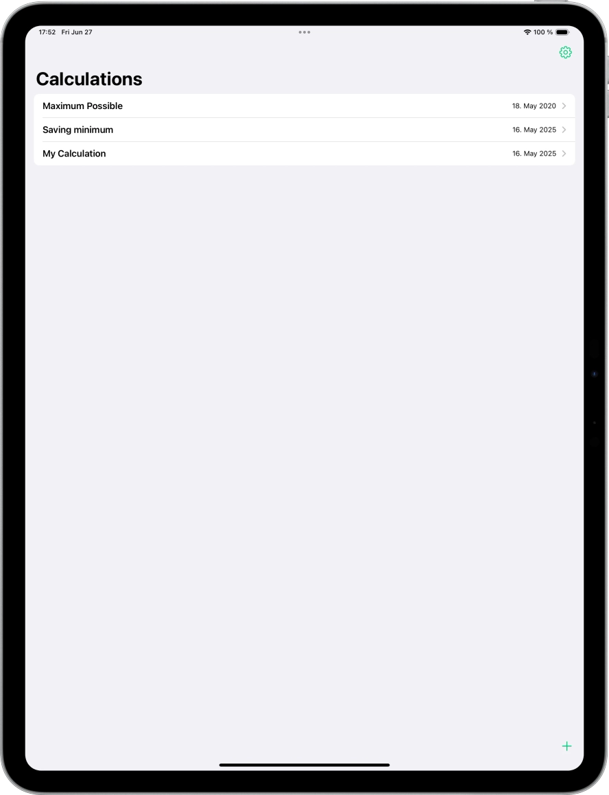 Screenshot of ipad app showing all saved calculations
