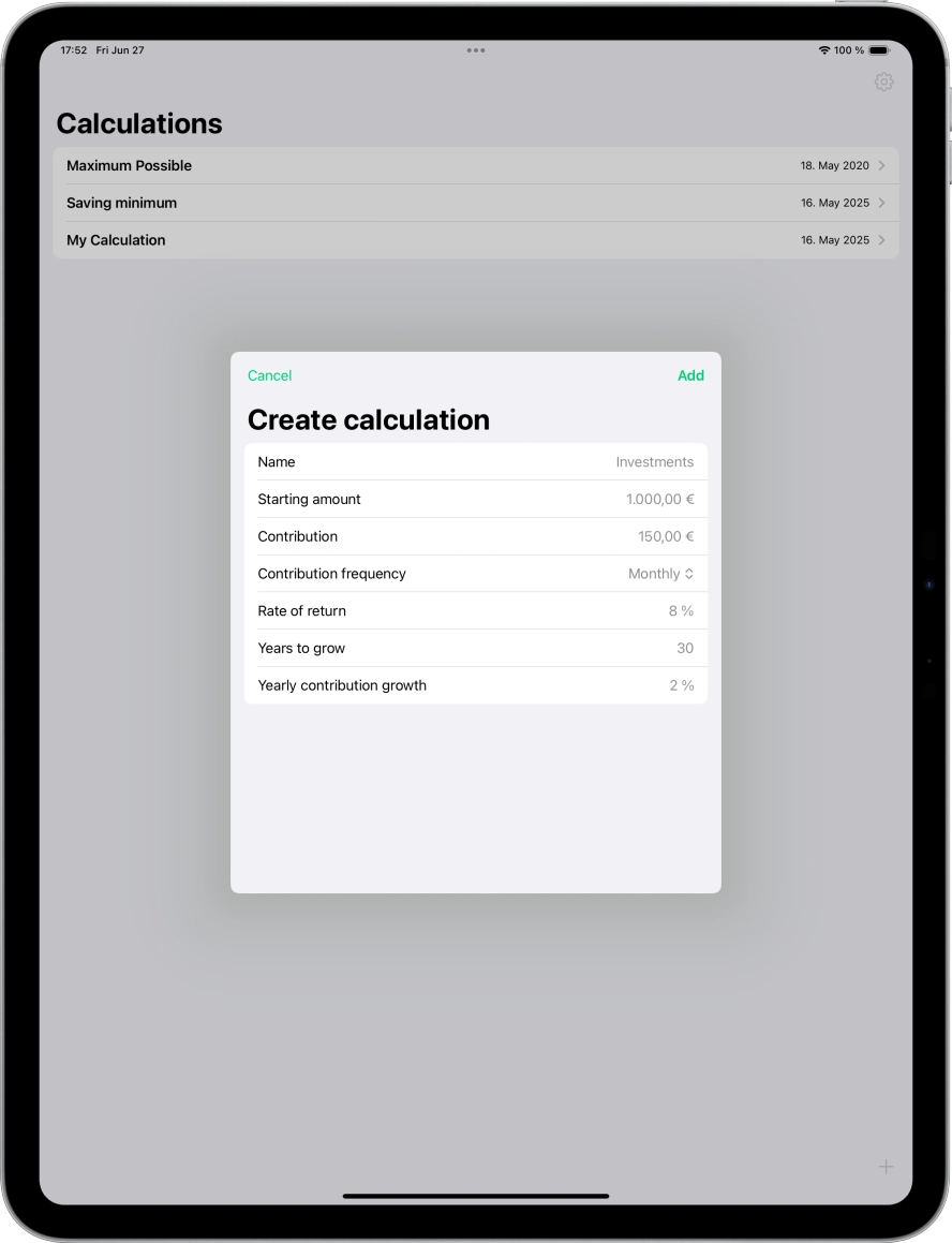 Screenshot of ipad app showing the create calculation modal