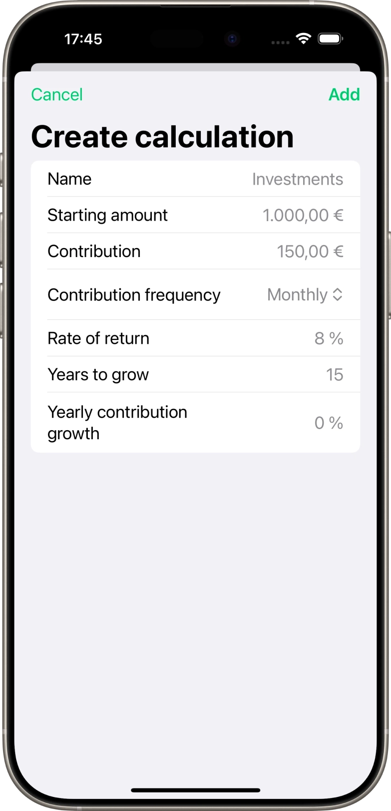 Screenshot of iphone app showing the create calculation modal