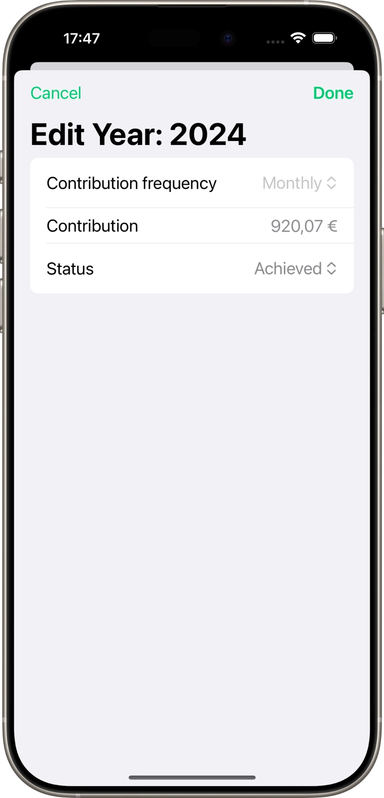 Screenshot of iphone app showing the edit calculation year modal