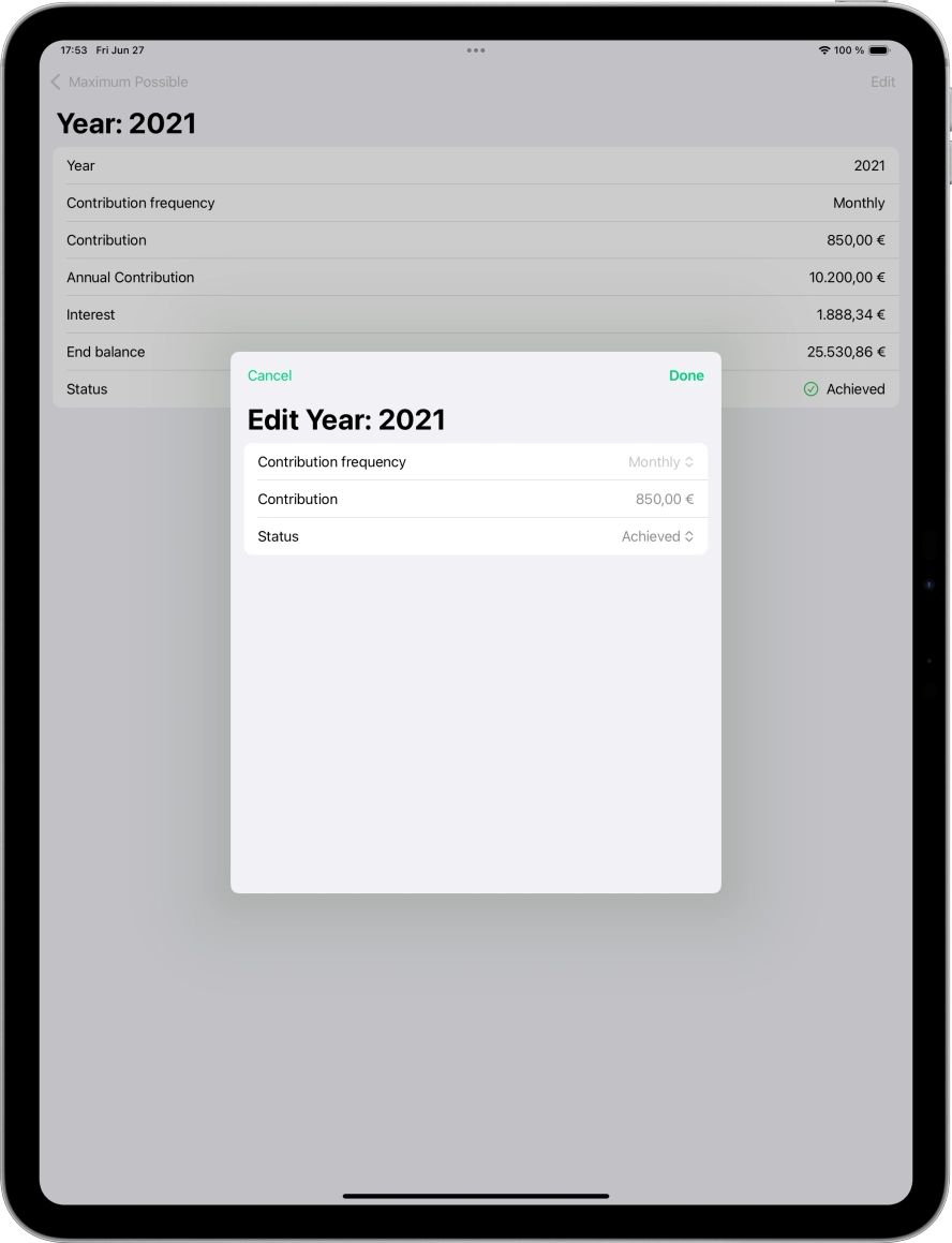 Screenshot of ipad app showing the edit calculation year modal