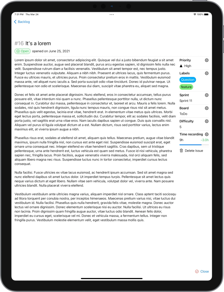 Screenshot of ipad app of the issue detail screen