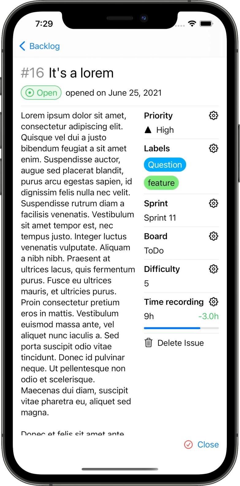 Screenshot of iphone app of the issue detail screen