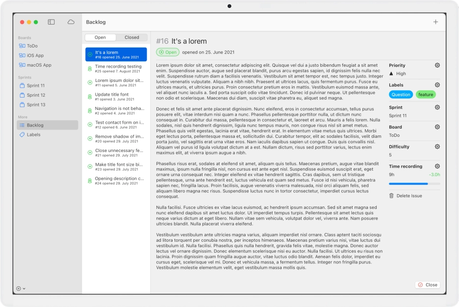 Screenshot of mac app of the issue detail screen