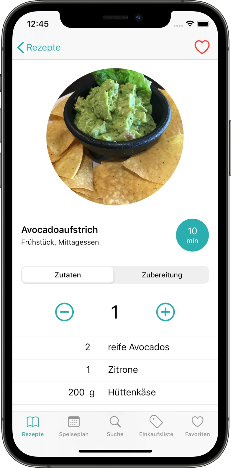 Screenshot of iphone app of the recipe detail screen