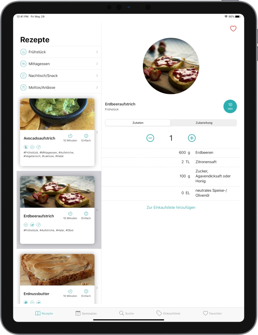 Screenshot of ipad app of the recipe detail screen