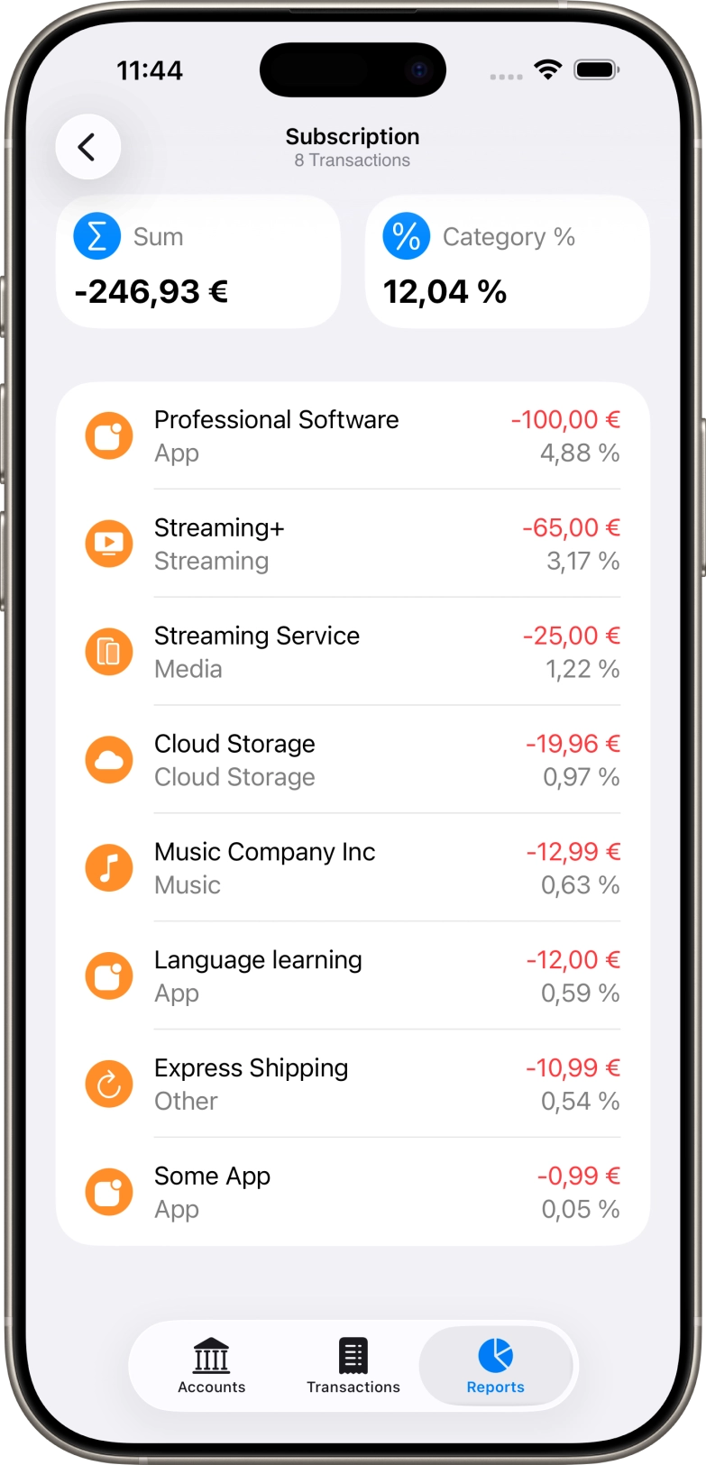 Screenshot of ipad app of reports category reports screen