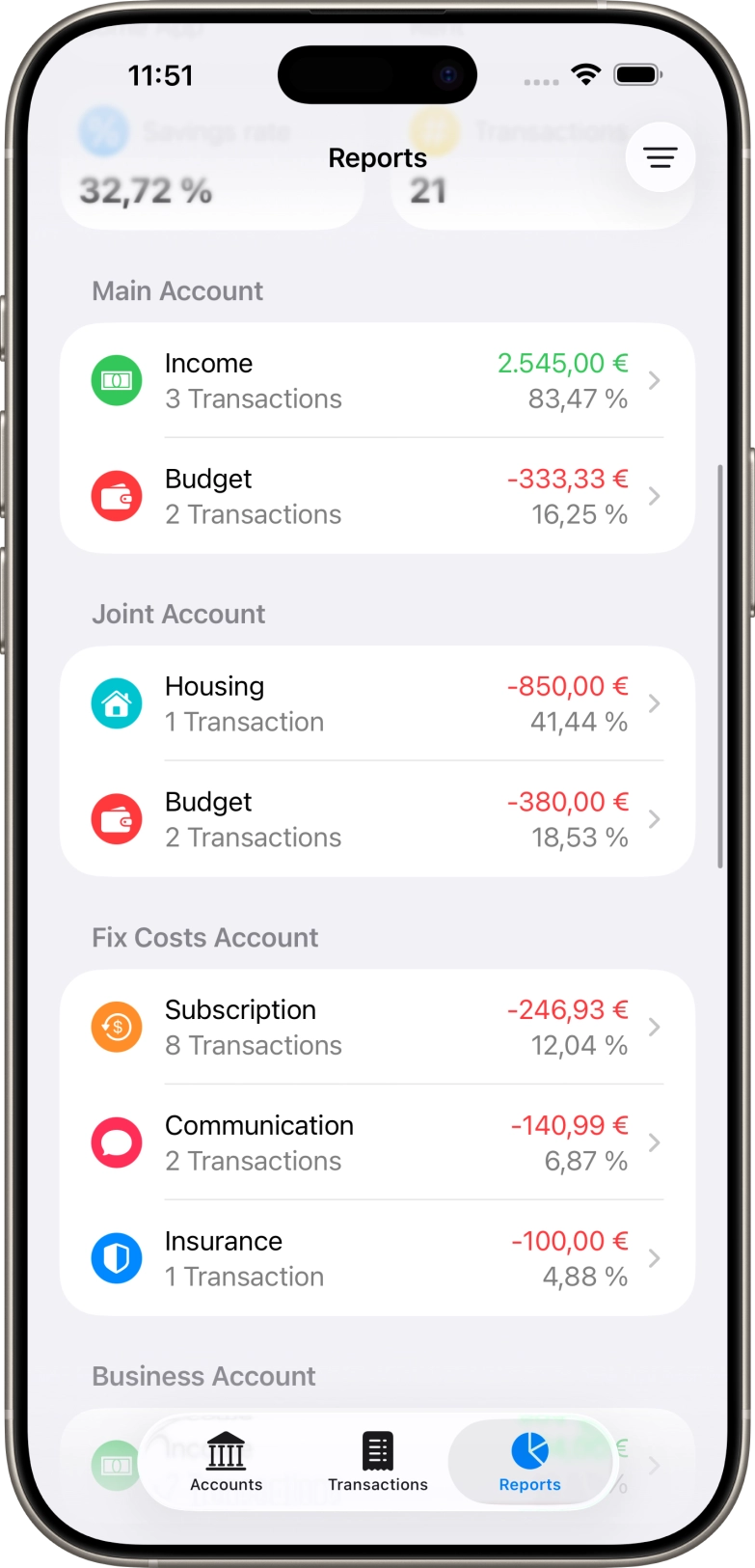 Screenshot of ipad app of reports screen showing category options