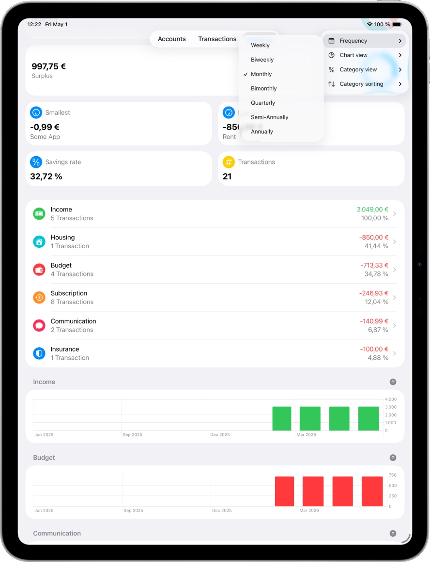 Screenshot of ipad app of reports screen showing frequency options