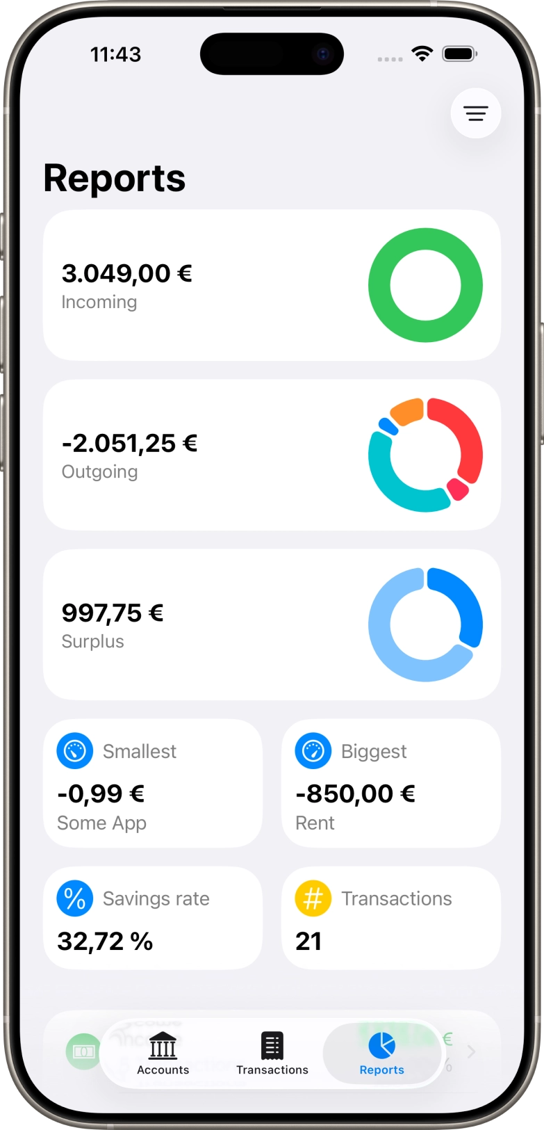 Screenshot of ipad app of reports screen
