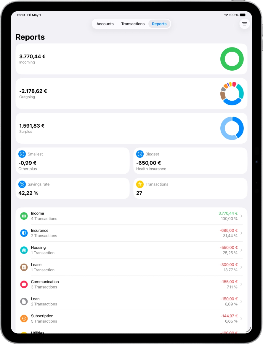 Screenshot of ipad app of reports screen