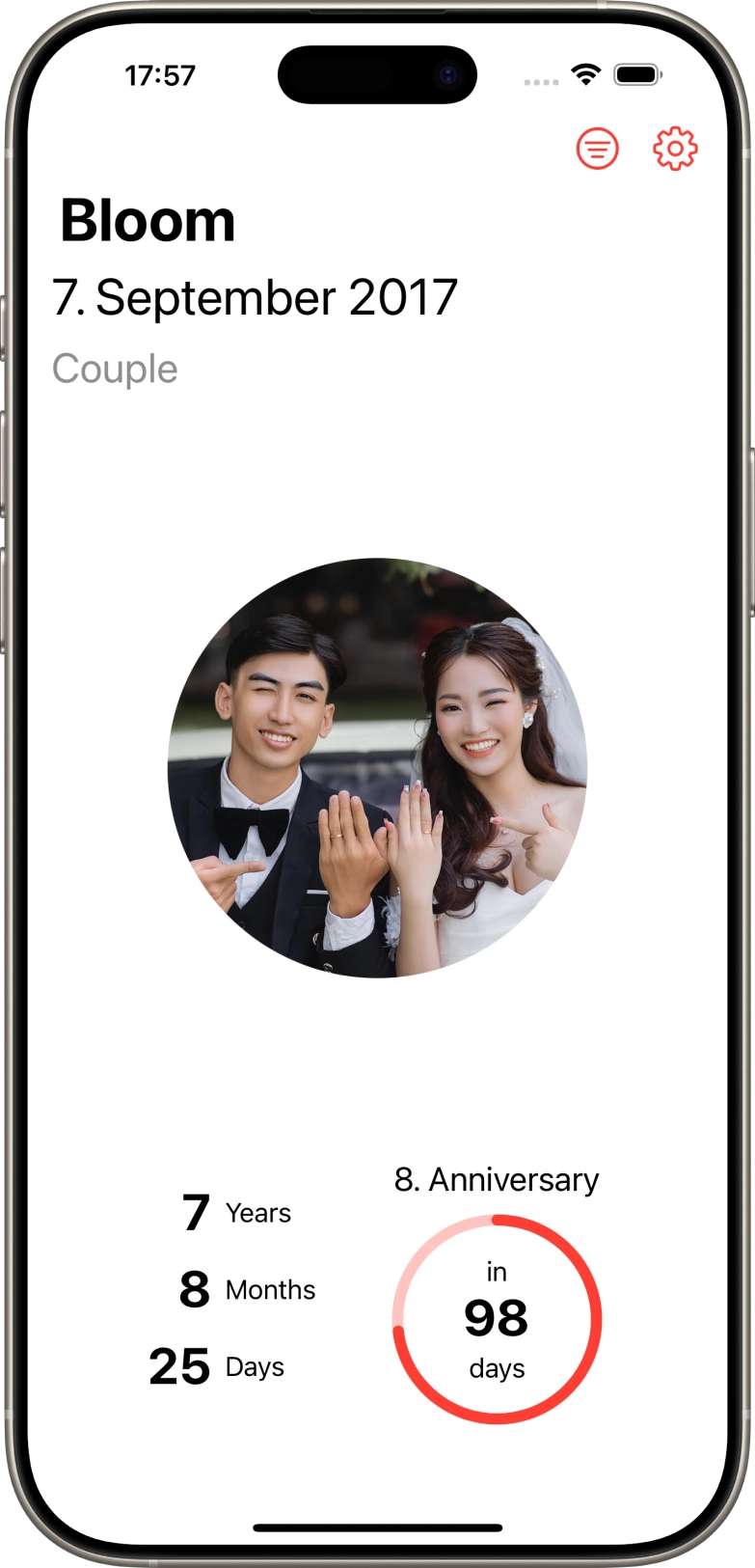 Screenshot of iphone app with single image option and relationship status couple