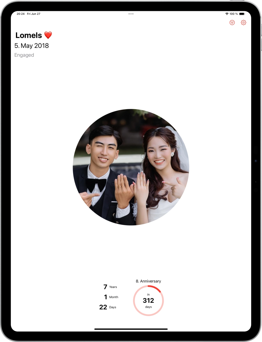 Screenshot of ipad app with single image option and relationship status engaged