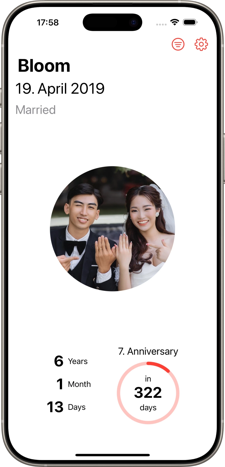 Screenshot of iphone app with single image option and relationship status married