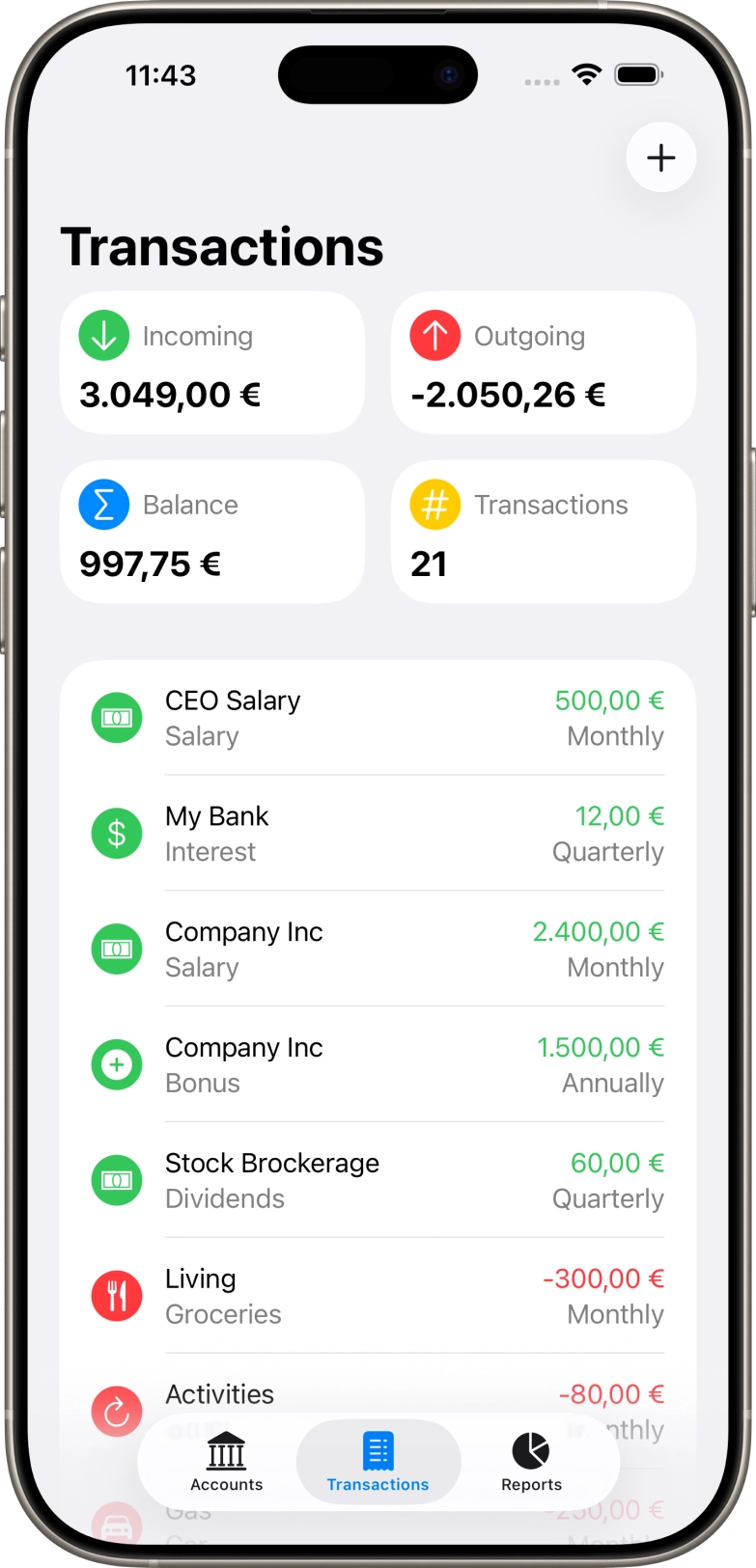 Screenshot of ipad app of transactions screen
