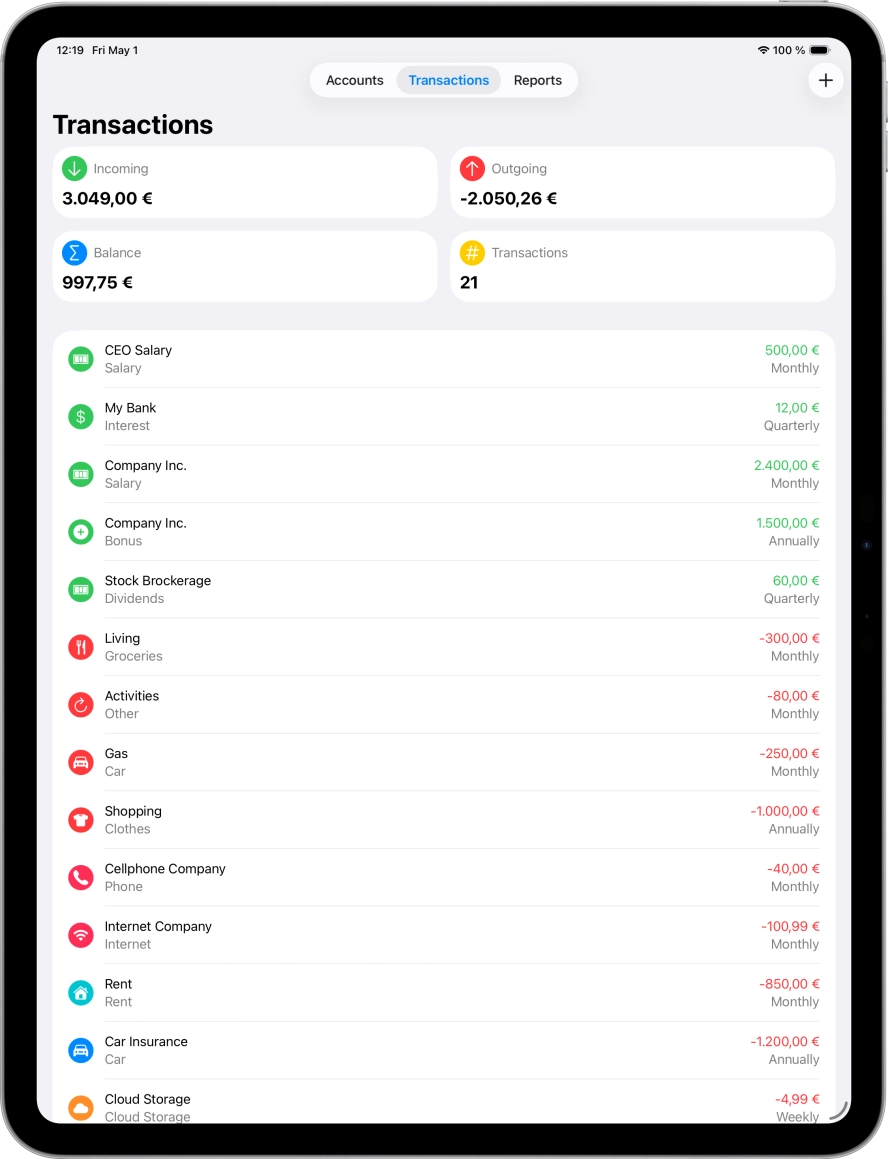Screenshot of ipad app of transactions screen